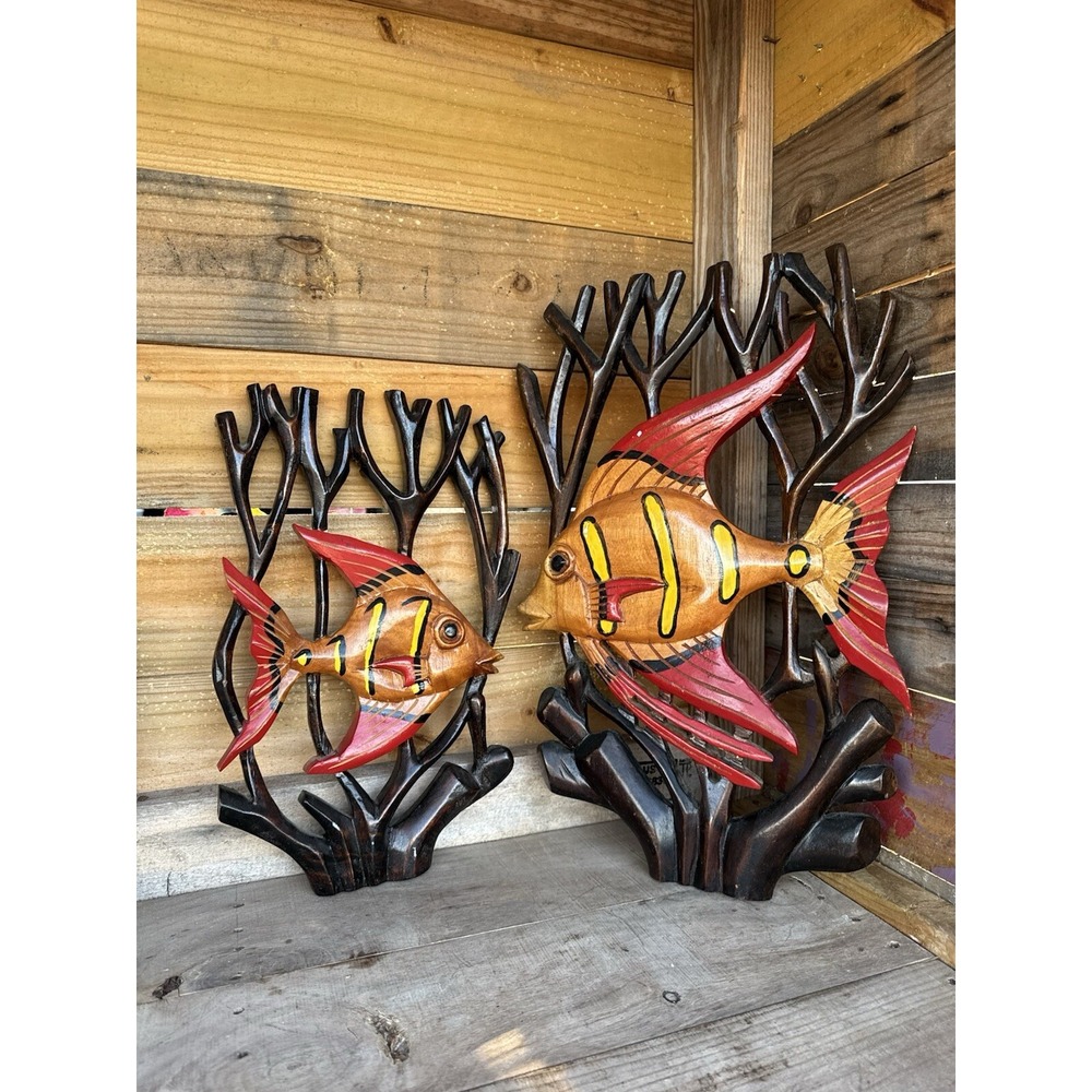 2 Vintage Wooden Tropical Fish Wall Hangers Decor Folk Art Hand‎ Made Decor